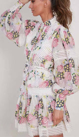 LACE TRIM LANTERN SLEEVE MINI DRESS IN FLORAL DRESS STYLE OF CB
