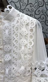 LONG PUFF SLEEVES FLARED TIERED MIDI DRESS IN WHITE DRESS STYLE OF CB