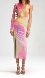 MESH RHINESTONE ONE SHOULDER MIDI DRESS IN COTTON CANDY DRESS STYLE OF CB