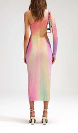 MESH RHINESTONE ONE SHOULDER MIDI DRESS IN COTTON CANDY DRESS STYLE OF CB