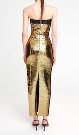 METALLIC STRAPLESS MIDI DRESS IN CHAMPAGNE styleofcb