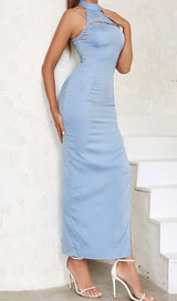 MOCK NECK SLIT MIDI DRESS IN BLUE DRESS STYLE OF CB