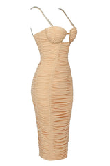 NUDE STRAPPY SEQUINS EMBELLISHED MESH MIDI DRESS Dresses Oh CICI