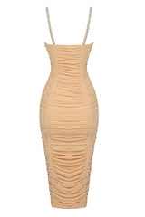 NUDE STRAPPY SEQUINS EMBELLISHED MESH MIDI DRESS Dresses Oh CICI