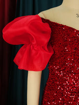 EXAGGERATED SLEEVES SLIM SEQUIN MAXI DRESS IN RED styleofcb