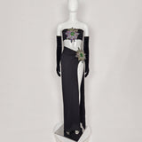 RHINESTONE HIGH SPLIT SKIRT SET WITH GLOVES Sets styleofcb