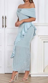 OFF SHOULDER RUFFLED MAXI DRESS IN TINGED BLUE DRESS STYLE OF CB