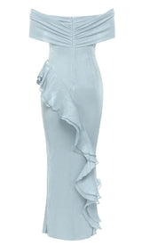 OFF SHOULDER RUFFLED MAXI DRESS IN TINGED BLUE DRESS STYLE OF CB
