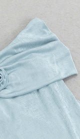 OFF SHOULDER RUFFLED MAXI DRESS IN TINGED BLUE DRESS STYLE OF CB