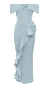 OFF SHOULDER RUFFLED MAXI DRESS IN TINGED BLUE DRESS STYLE OF CB