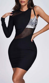 ONE SHOULDER MESH SEQUIN MIDI DRESS IN BLACK DRESS STYLE OF CB