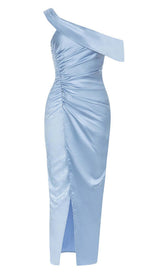 ONE SHOULDER RUCHED SLIT MAXI DRESS IN BLUE DRESS STYLE OF CB