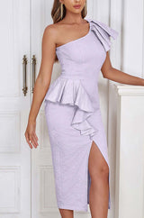 ONE SHOULDER RUFFLE MIDI DRESS IN LILAC styleofcb