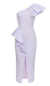 ONE SHOULDER RUFFLE MIDI DRESS IN LILAC styleofcb