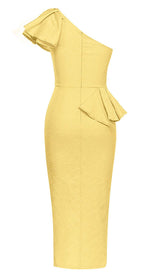 ONE SHOULDER RUFFLE MIDI DRESS IN YELLOW styleofcb