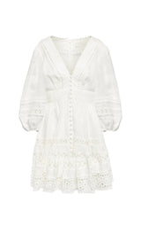 PLUNGING NECK LACE MINI DRESS IN WHITE DRESS STYLE OF CB