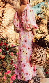 PUFF FLORAL MIDI DRESS IN PASTEL BLOOMS DRESS STYLE OF CB