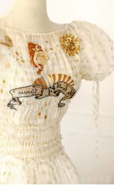PUFF SLEEVE HIGH WAIST EMBROIDERY MIDI DRESS IN WHITE DRESS sis label