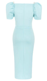 PUFF SLEEVE PEARL MIDI DRESS IN LIGHT BLUE DRESS STYLE OF CB