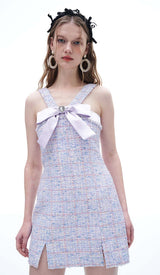 RHINESTONE BOWTIE TWEED MINI DRESS IN PURPLE DRESS STYLE OF CB
