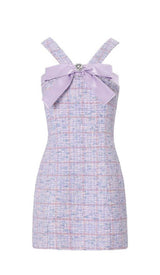 RHINESTONE BOWTIE TWEED MINI DRESS IN PURPLE DRESS STYLE OF CB