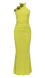 ROSE-EMBELLISHED HALTER MAXI DRESS IN FADED GREEN DRESS STYLE OF CB