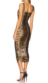 RUCHED METALLIC MIDI DRESS IN GOLD DRESS STYLE OF CB