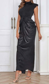 RUCHED OFF SLEEVE MAXI DRESS IN BLACK DRESS STYLE OF CB