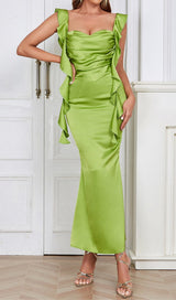 RUCHED SATIN MAXI DRESS IN GREEN DRESS STYLE OF CB