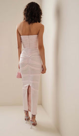 RUCHED OFF-SHOULDER SLIM MIDI DRESS IN PINK DRESS STYLE OF CB