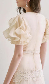 RUFFLE BUTTON LINE MIDI DRESS IN BEIGE styleofcb