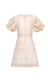 RUFFLE BUTTON LINE MIDI DRESS IN BEIGE styleofcb