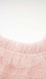 RUFFLE OFF SHOULDER TIERED MIDI DRESS IN PINK styleofcb