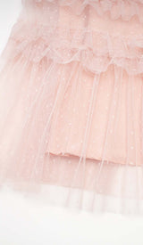 RUFFLE OFF SHOULDER TIERED MIDI DRESS IN PINK styleofcb