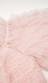 RUFFLE OFF SHOULDER TIERED MIDI DRESS IN PINK styleofcb