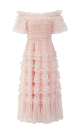 RUFFLE OFF SHOULDER TIERED MIDI DRESS IN PINK styleofcb