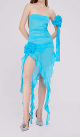 RUFFLE ROSETTE MESH MIDI DRESS IN BLUE styleofcb