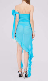 RUFFLE ROSETTE MESH MIDI DRESS IN BLUE styleofcb