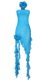 RUFFLE ROSETTE MESH MIDI DRESS IN BLUE styleofcb