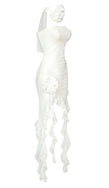 RUFFLE ROSETTE MESH MIDI DRESS IN WHITE styleofcb