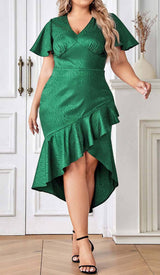 RUFFLE TRIM WRAP MIDI DRESS IN GREEN DRESS STYLE OF CB