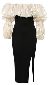 RUFFLE COLD SHOULDER MIDI DRESS IN BLACK DRESS STYLE OF CB