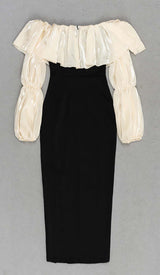 RUFFLE COLD SHOULDER MIDI DRESS IN BLACK DRESS STYLE OF CB