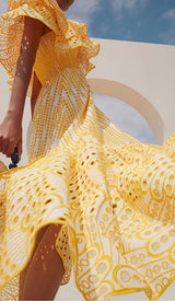 RUFFLE COLD SHOULDER MIDI DRESS IN YELLOW DRESS STYLE OF CB