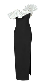 RUFFLED DETAILING SLIT MIDI DRESS IN BLACK DRESS styleofcb