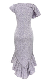 RUFFLED V-NECK ASYMMETRIC MIDI DRESS IN PURPLE DRESS styleofcb