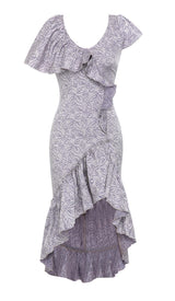 RUFFLED V-NECK ASYMMETRIC MIDI DRESS IN PURPLE DRESS styleofcb