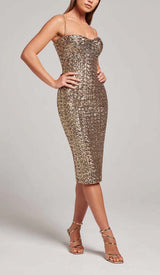 SEQUIN CORSET MIDI DRESS IN METALLIC GOLD DRESS sis label