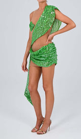 SEQUIN DRAPE MESH MINI DRESS IN EMERALD DRESS STYLE OF CB