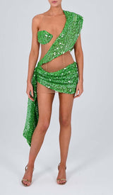 SEQUIN DRAPE MESH MINI DRESS IN EMERALD DRESS STYLE OF CB